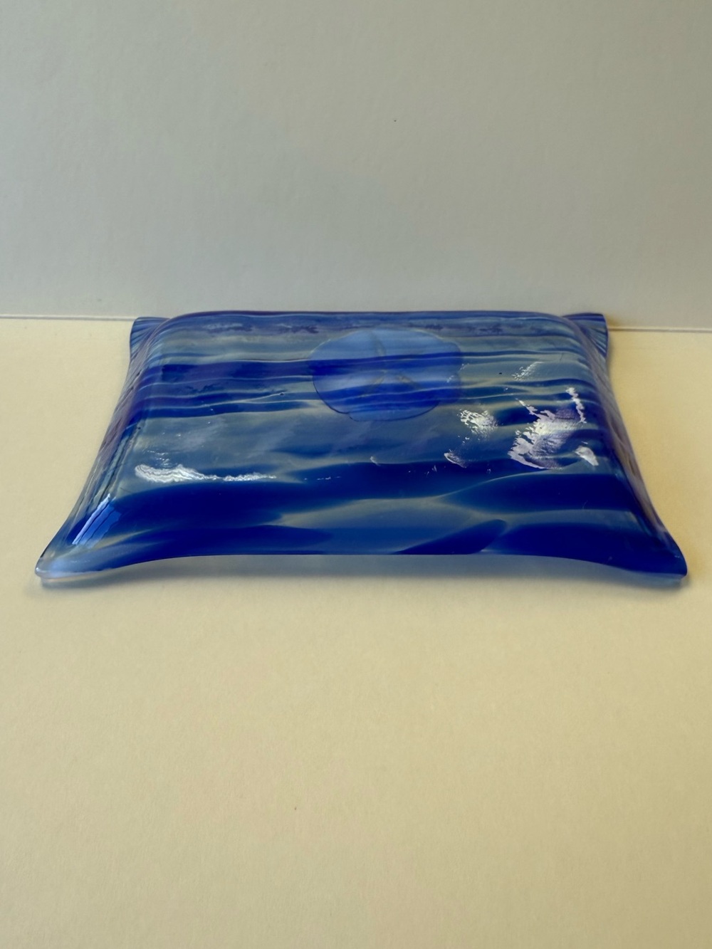 Blue Striped Fused Glass Decorative Trinket Tray with White Sand Dollar Accent. - Picture 6 of 9